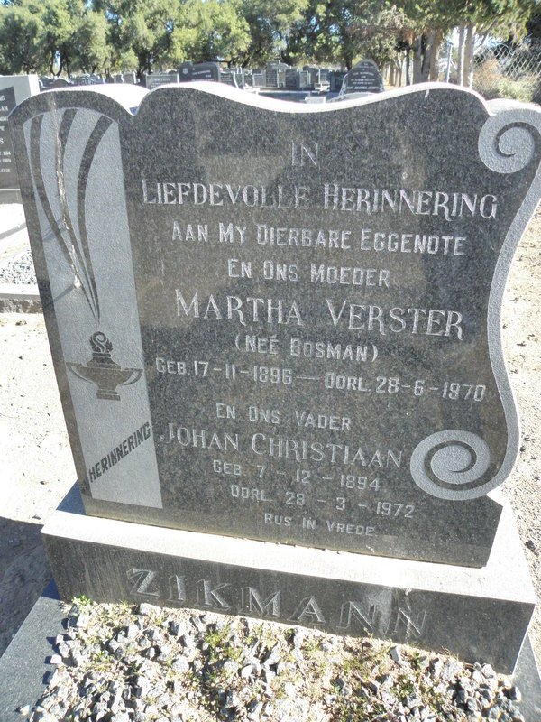 ZIKMANN Johan Christiaan 1894-1972 &amp; Martha Verster BOSMAN 1896-1970
