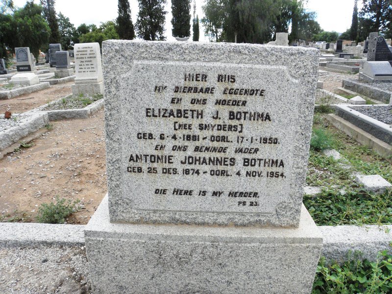 BOTHMA Antonie Johannes 1874-1954 &amp; Elizabeth J. SNYDERS 1881-1950