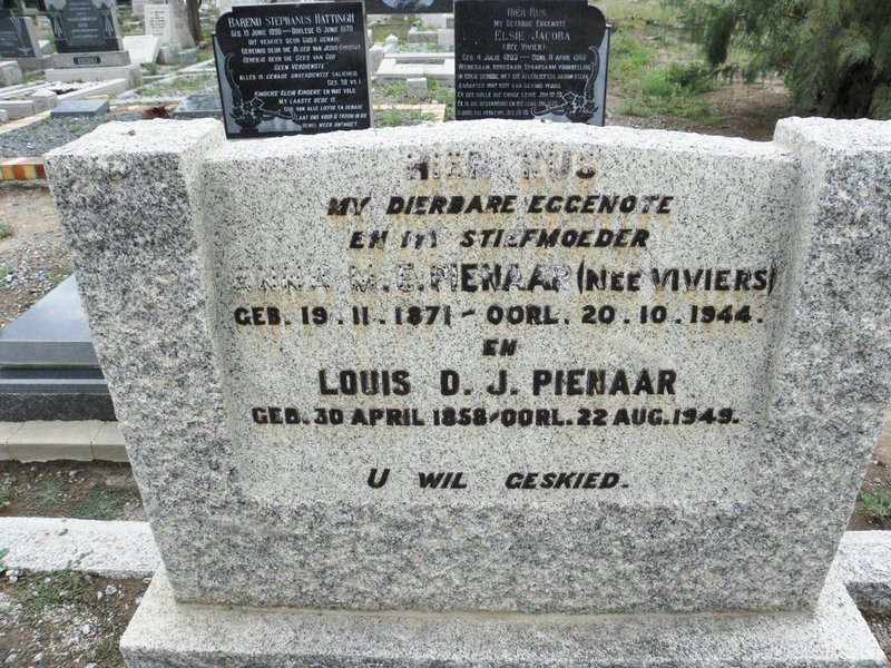 PIENAAR Erna M.E. nee VIVIERS 1871-1944 :: PIENAAR D.J. 1858-1949