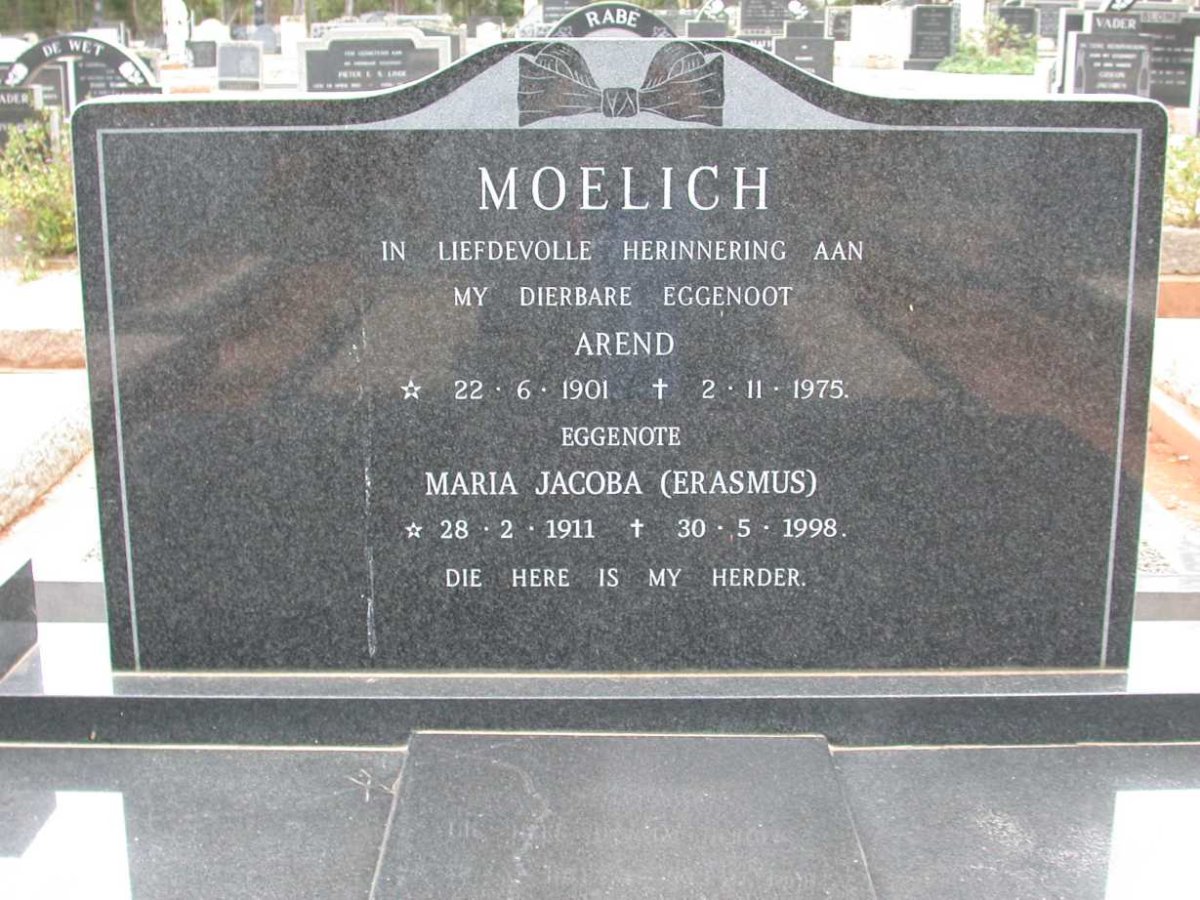 MOELICH Arend 1901-1975 &amp; Maria Jacoba ERASMUS 1911-1998
