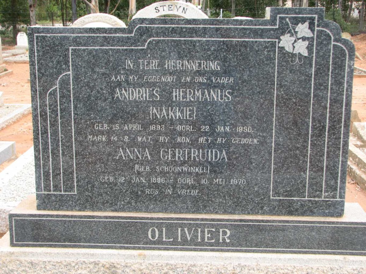 OLIVIER Andries Hermanus 1893-1950 &amp; Anna Gertruida SCHOONWINKEL 1896-1970