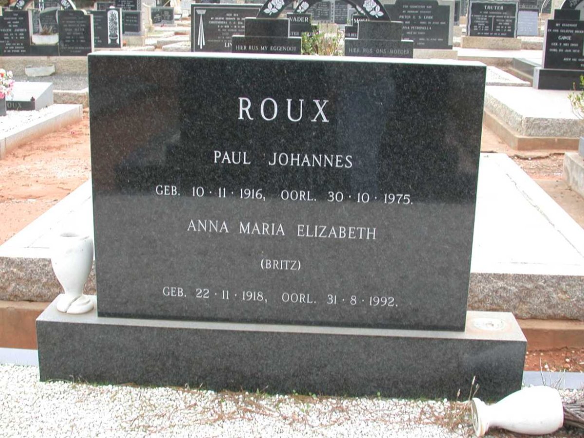 ROUX Paul Johannes 1916-1975 &amp; Anna Maria Elizabeth BRITZ 1918-1992