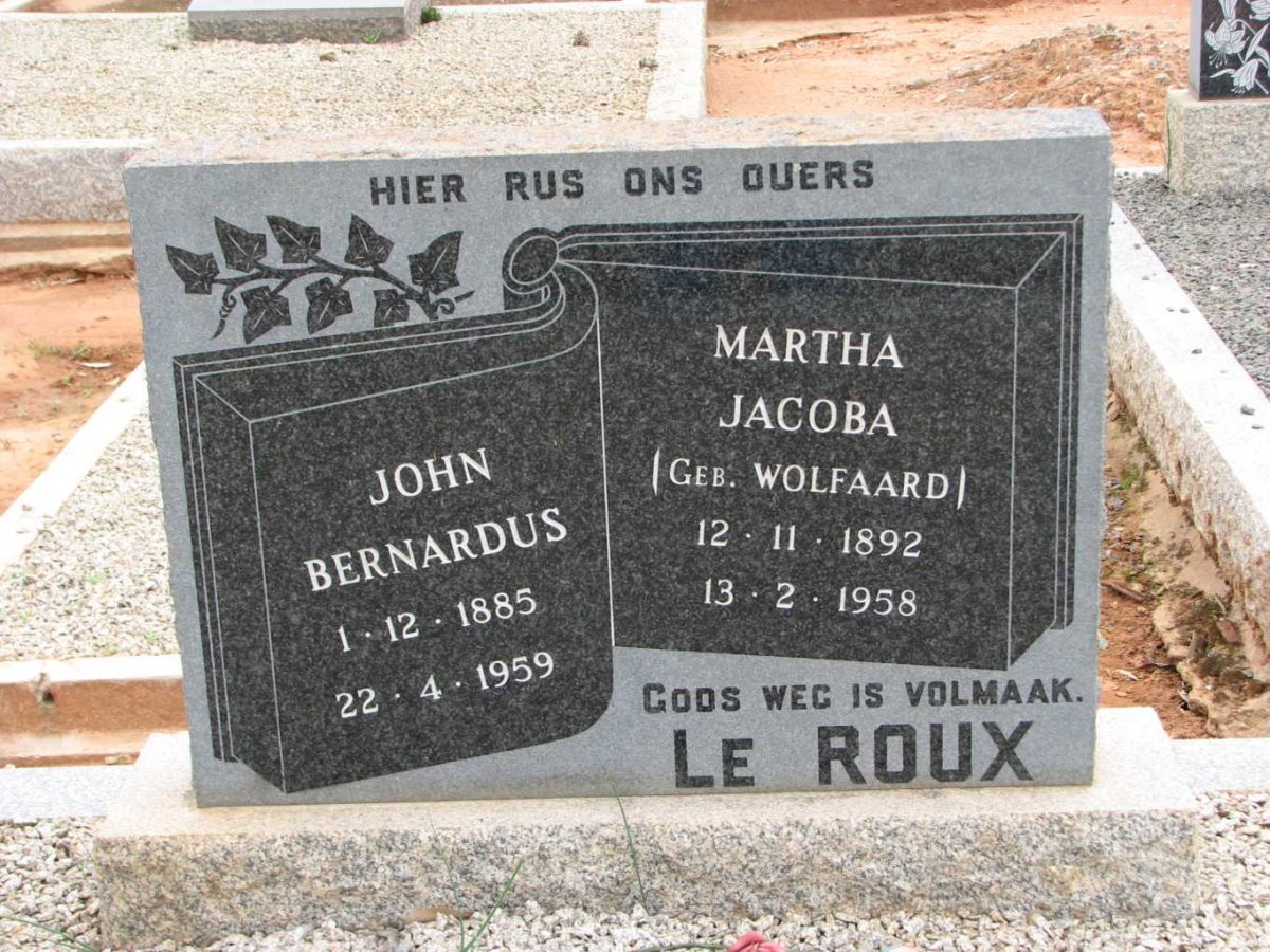 ROUX John Bernardus, le 1885-1959 &amp; Martha Jacoba WOLFAARD 1892-1958