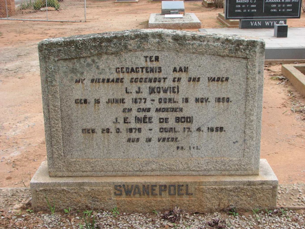 SWANEPOEL L.J. 1877-1950 &amp; J.E. DE BOD 1876-1958