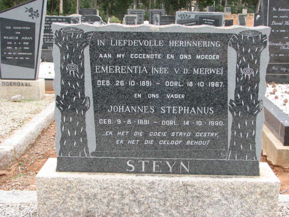 STEYN Johannes Stephanus 1891-1990 &amp; Emerentia VAN DER MERWE 1891-1967