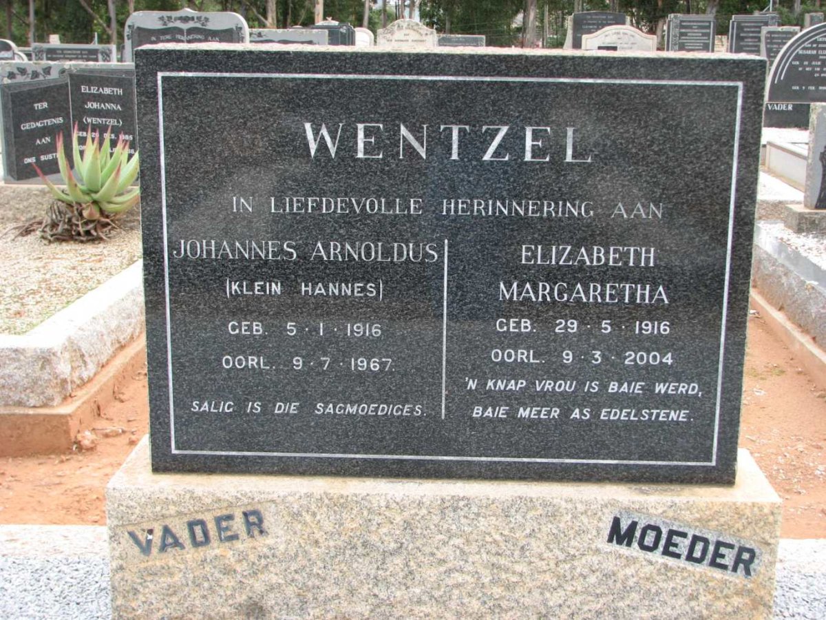 WENTZEL Johannes Arnoldus 1916-1967 &amp; Elizabeth Margaretha 1916-2004