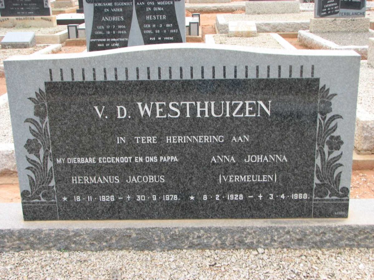 WESTHUIZEN Hermanus Jacobus, van der 1926-1978 &amp; Anna Johanna VERMEULEN 1928-1968