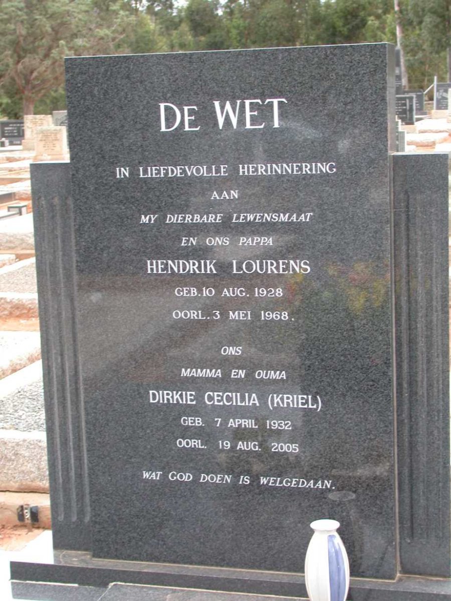 WET Hendrik Lourens, de 1928-1968 &amp; Dirkie Cecilia KRIEL 1932-2005