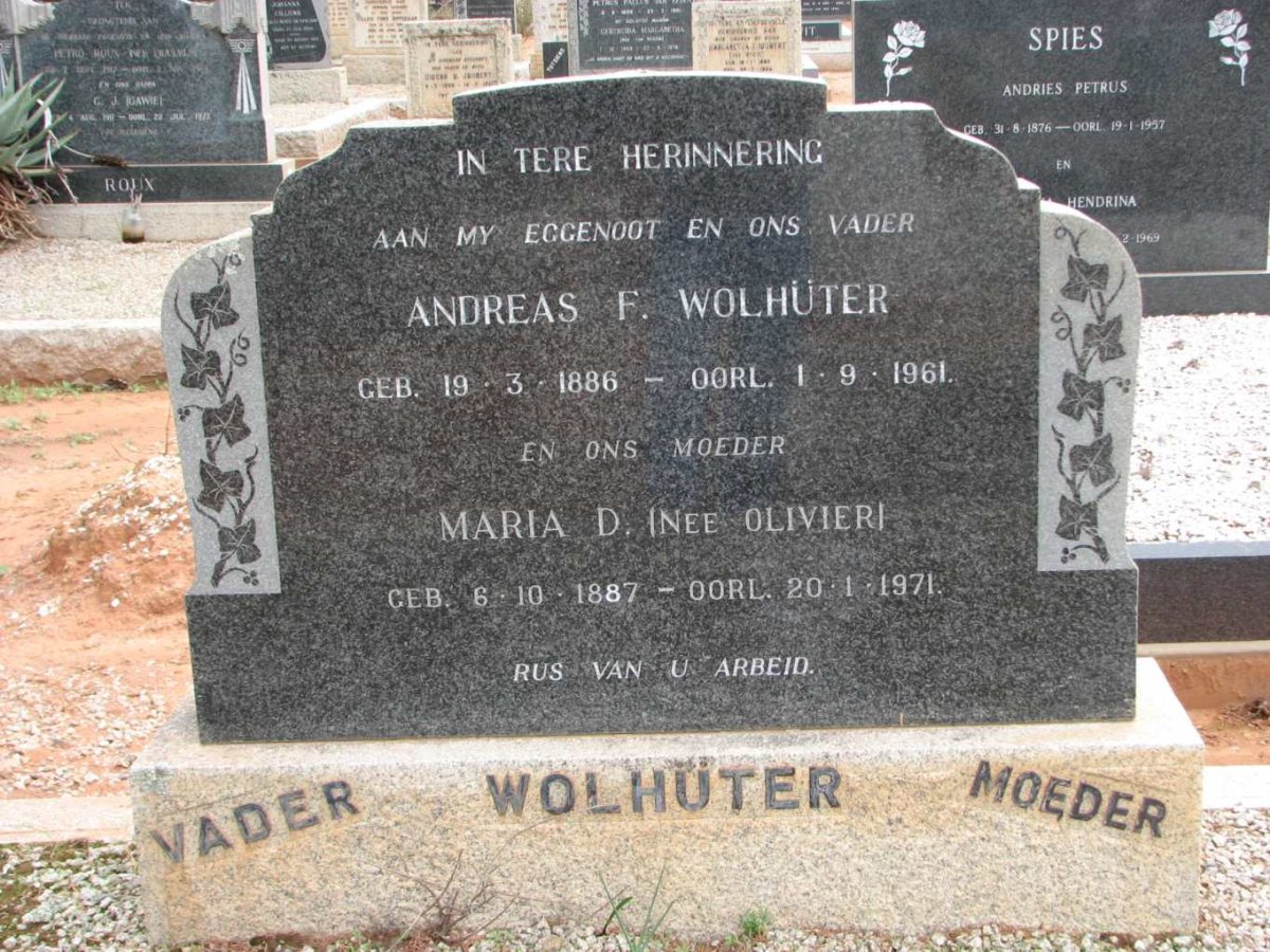 WOLHUTER Andreas F. 1886-1961 &amp; Maria D. OLIVIER 1887-1971