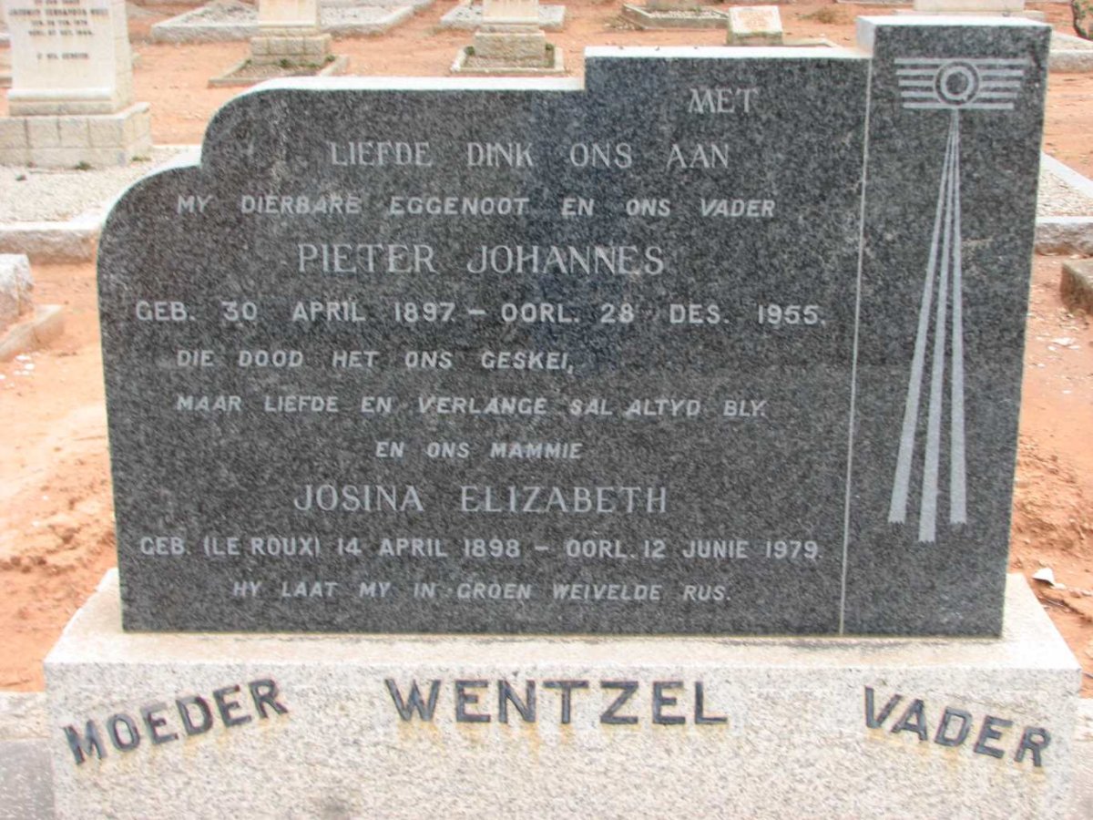 WENTZEL Pieter Johannes 1897-1955 &amp; Josina Elizabeth LE ROUX 1898-1979