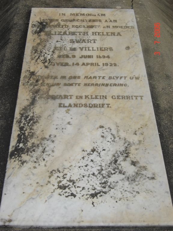 SWART Elizabeth Helena nee DE VILLIERS 1894-1922