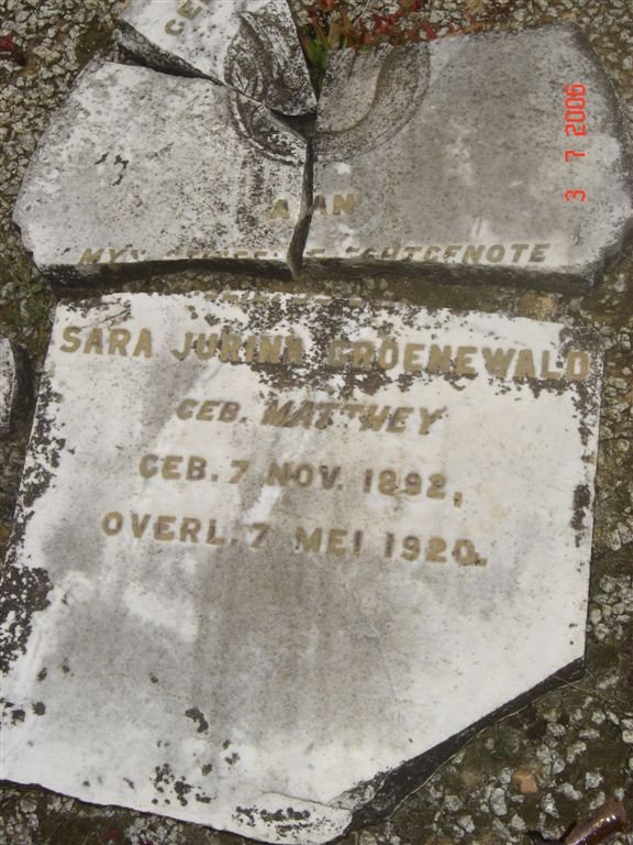 GROENEWALD  Sara Jurina nee Matthey 1892-1920