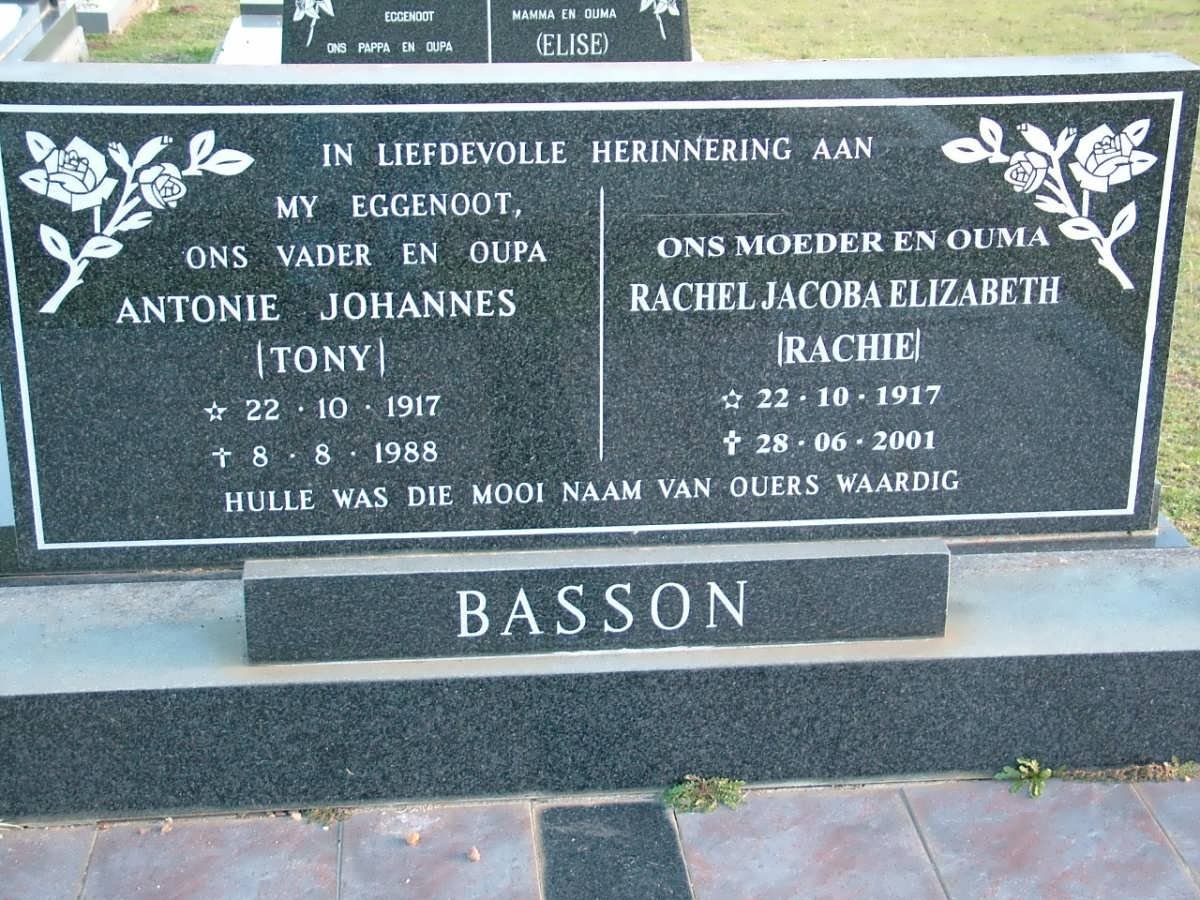 BASSON Antonie Johannes 1917-1988 &amp; Rachel Jacoba Elizabeth 1917-2001