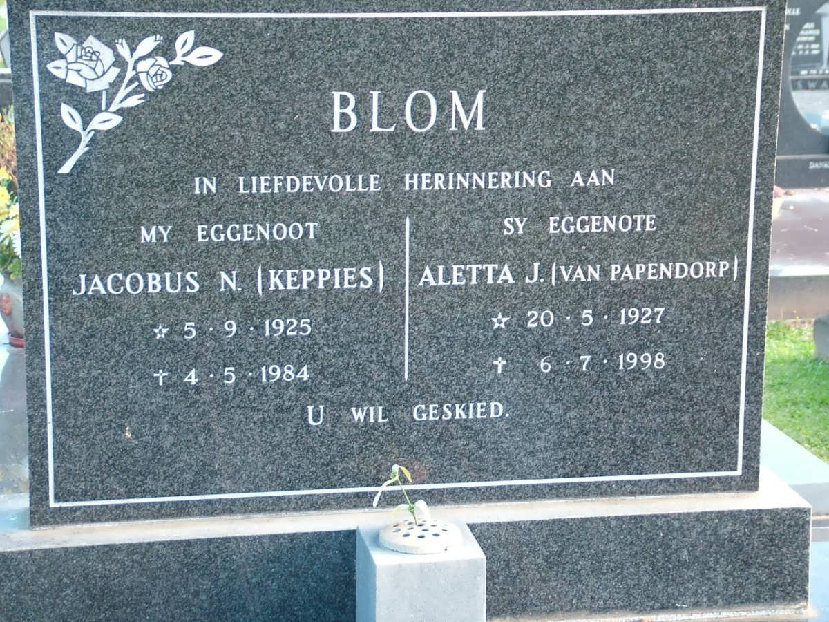 BLOM Jacobus N. 1925-1984 &amp; Aletta J. VAN PAPENDORP 1927-1998
