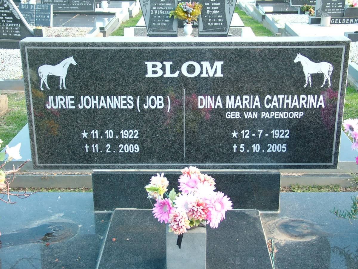 BLOM Jurie Johannes 1922-2009 &amp; Dina Maria Catharina VAN PAPENDORP 1922-2005