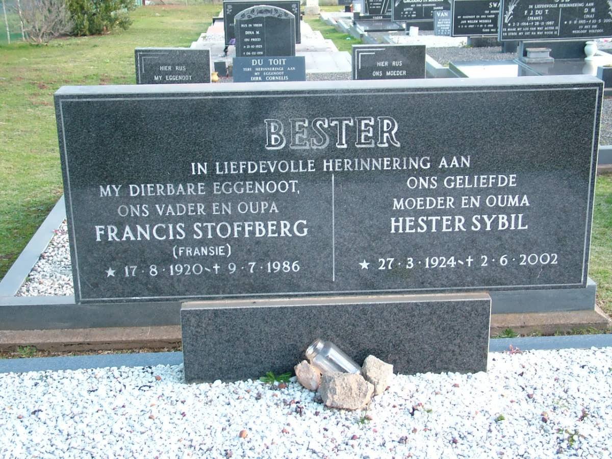BESTER Francis Stoffberg 1920-1986 &amp; Hester Sybil 1924-2002