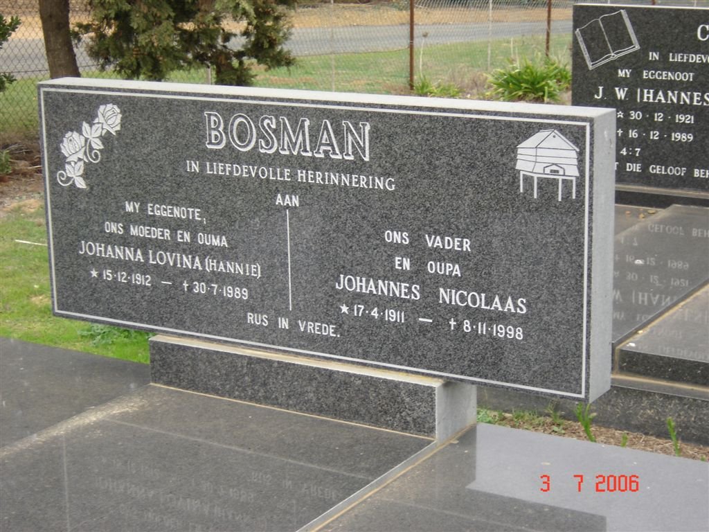BOSMAN  Johannes Nicolaas 1911-1998 &amp; Johanna Lovina 1912-1989