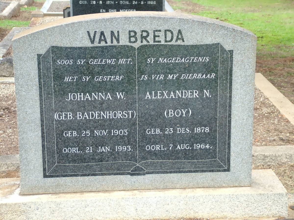BREDA Alexander N., van 1878-1964 &amp; Johanna W. BADENHORST 1903-1993