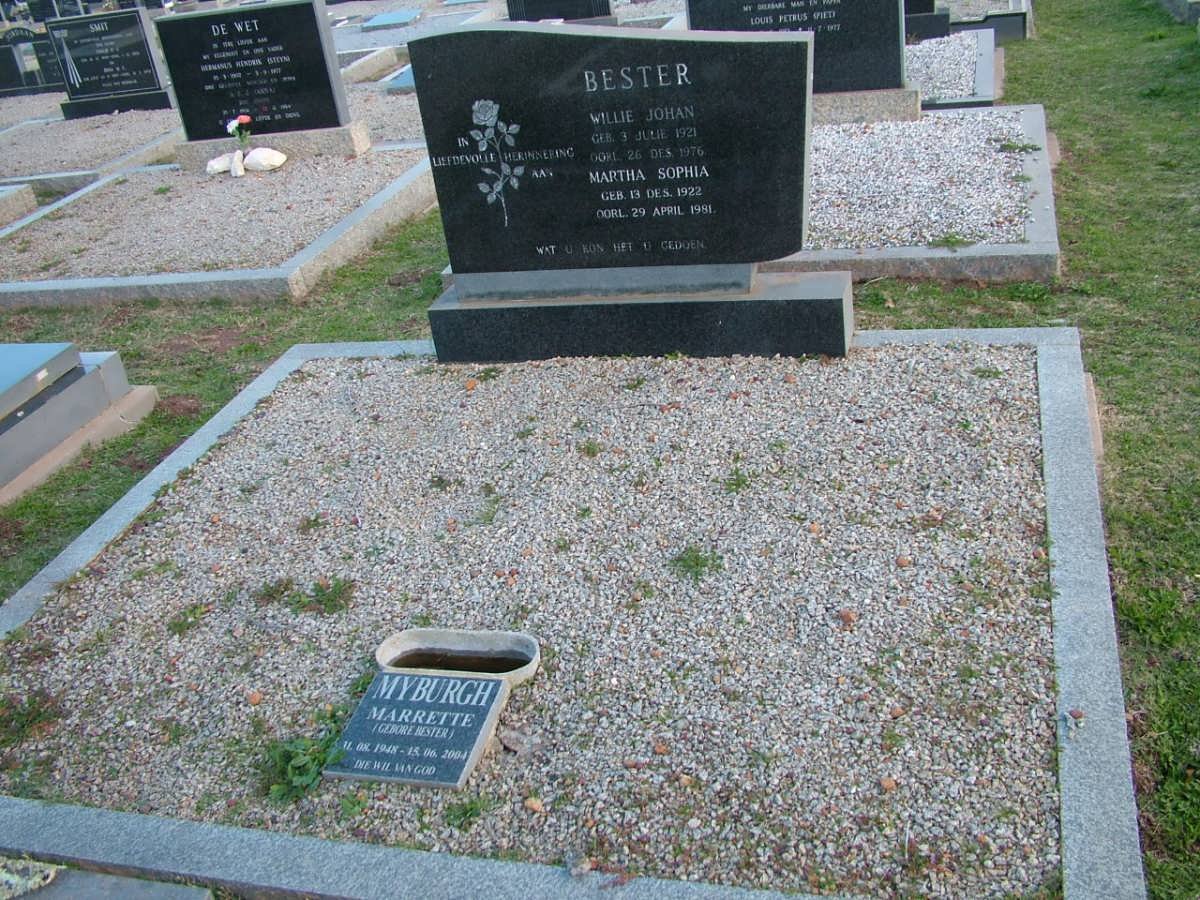 BESTER Willie Johan 1921-1976 &amp; Martha Sophia 1922-1981 :: MYBURGH Marrette nee BESTER 1948-2004 _1