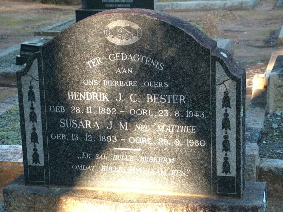 BESTER Hendrik J.C. 1892-1943 &amp; Susara J.M. MATTHEE 1893-1960