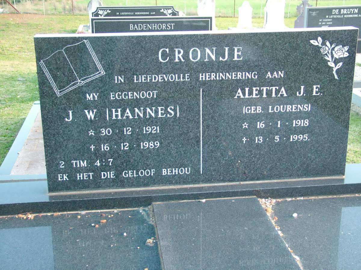 CRONJE J.W. 1921-1989 &amp; Aletta J.E. LOURENS 1918-1995