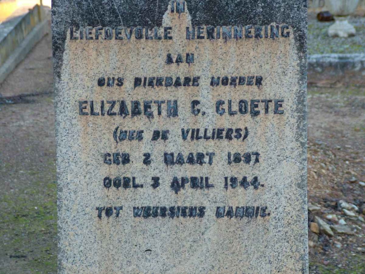 CLOETE Elizabeth C. nee DE VILLIERS 1897-1944