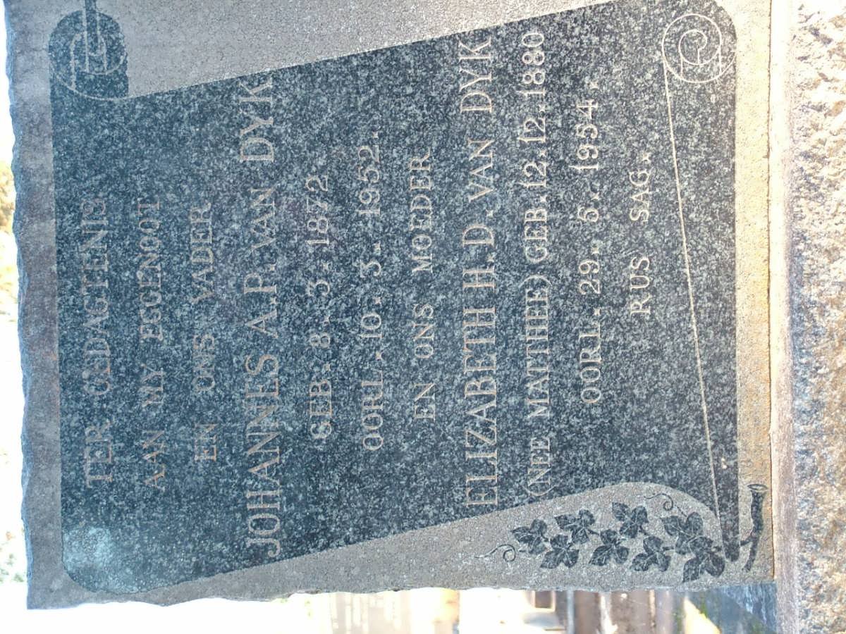 DYK Johannes A.P., van 1872-1952 &amp; Elizabeth H.D. MATTHEE 1880-1954