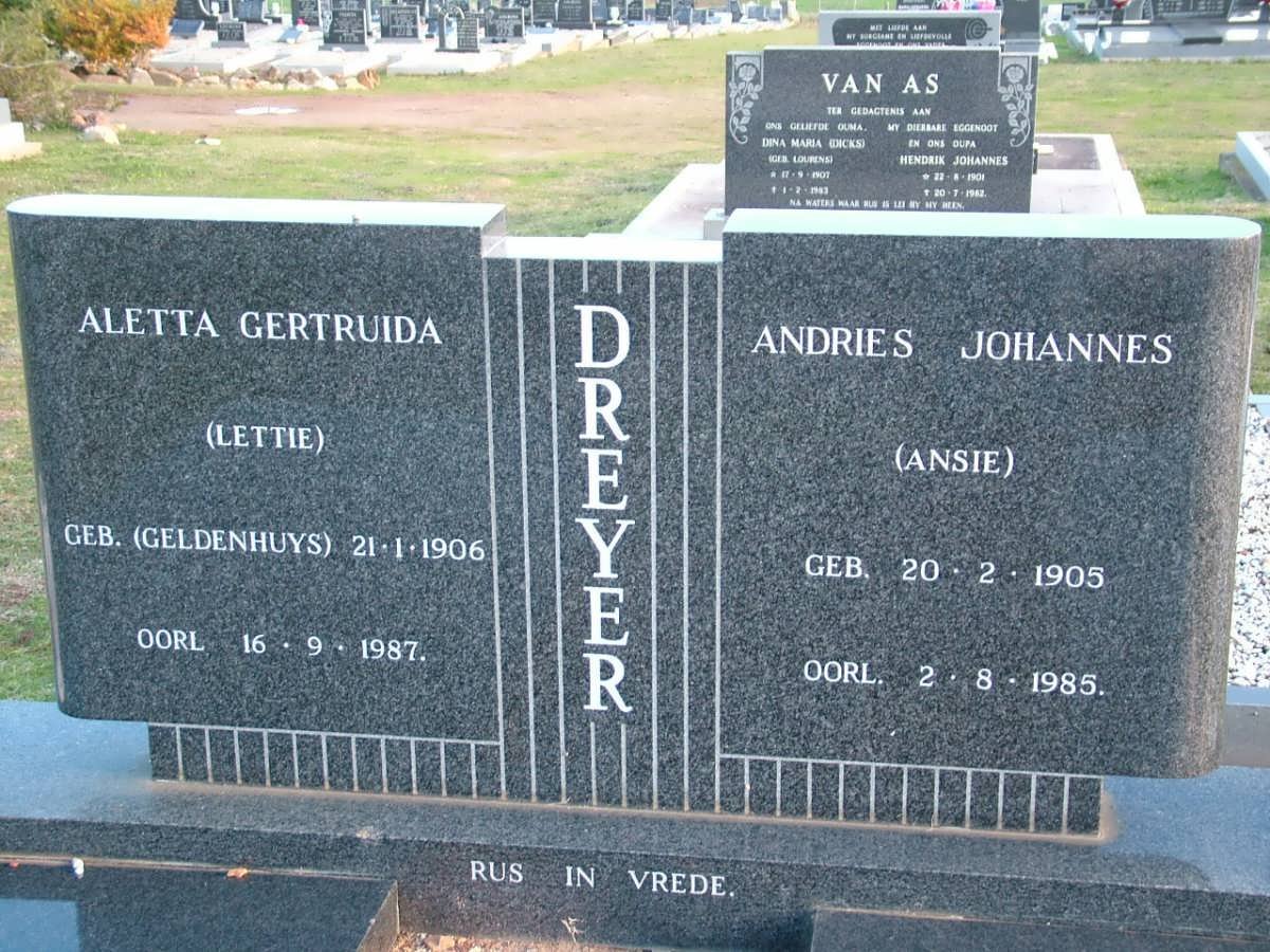 DREYER Andries Johannes 1905-1985 &amp; Aletta Gertruida GELDENHUYS 1906-1987