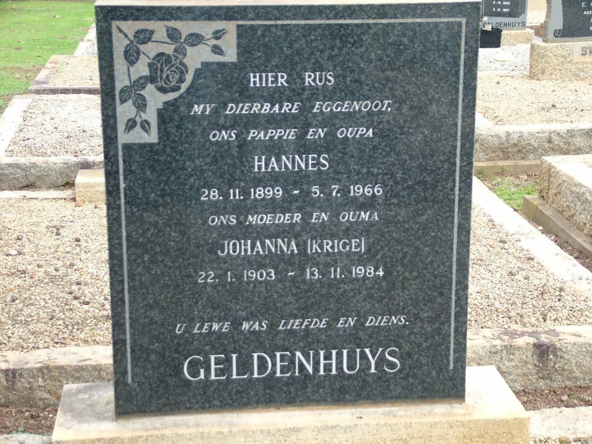 GELDENHUYS Hannes 1899-1966 &amp; Johanna KRIGE 1903-1984
