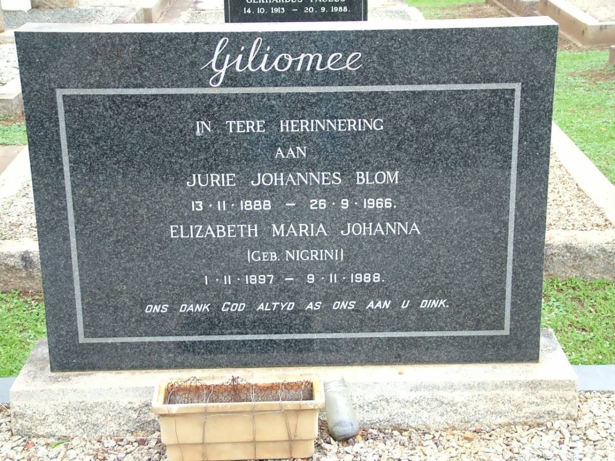 GILIOMEE Jurie Johannes Blom 1888-1966 &amp; Elizabeth Maria Johanna NIGRINI 1897-1988