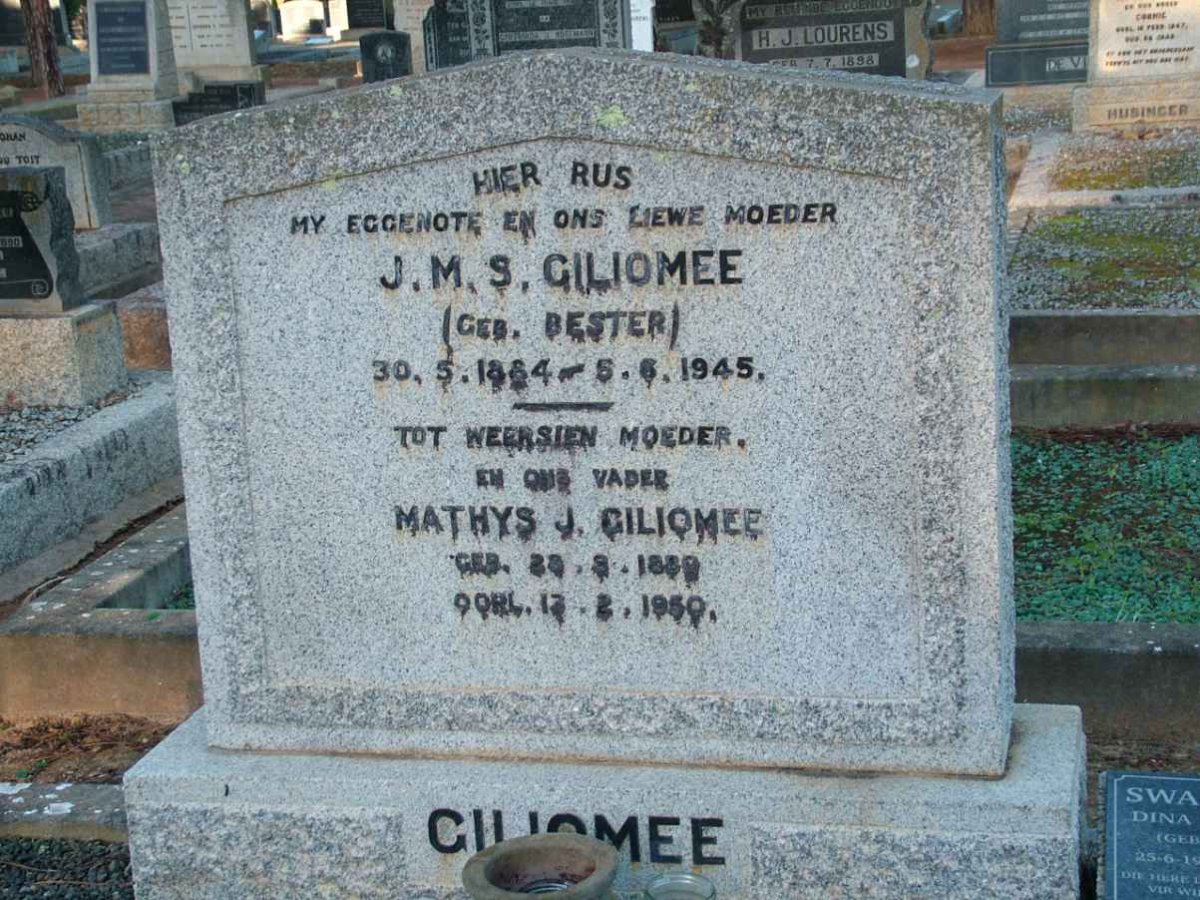 GILIOMEE Mathys J. 1880-1950 &amp; J.M.S. BESTER 1884-1945