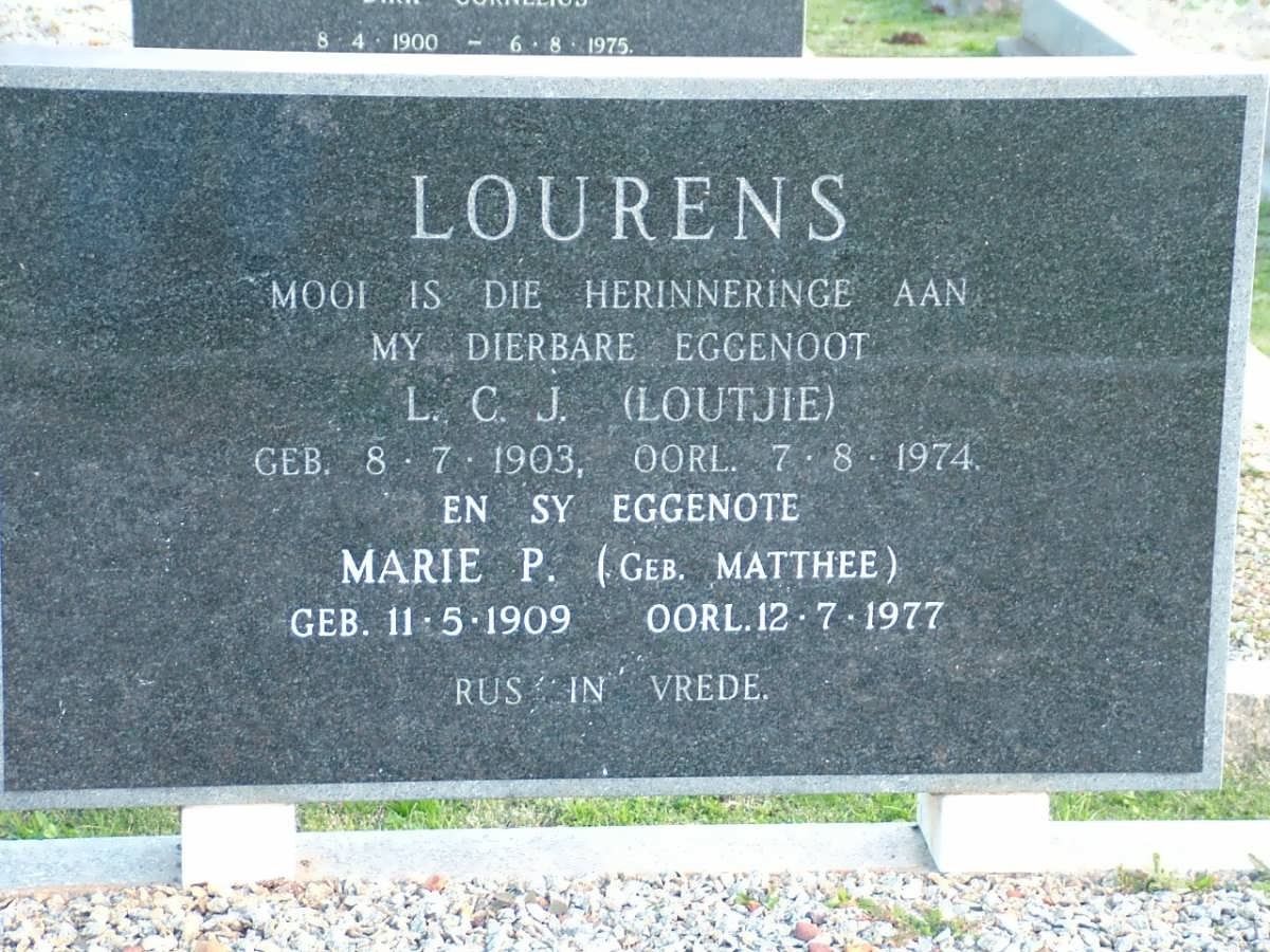 LOURENS L.C.J. 1903-1974 &amp; Marie P. MATTHEE 1909-1977