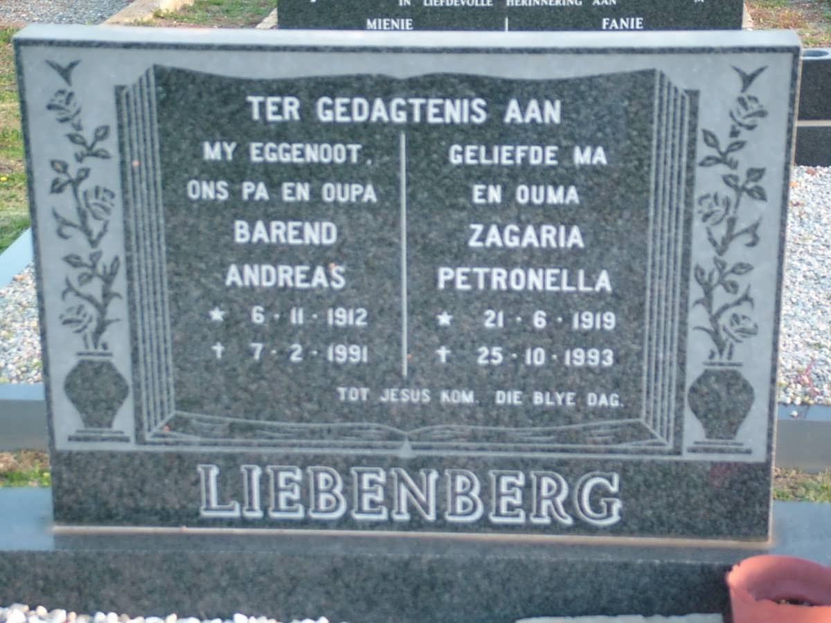 LIEBENBERG Barend Andreas 1912-1991 &amp; Zagaria Petronella 1919-1993