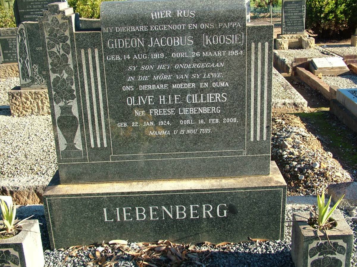 LIEBENBERG Gideon Jacobus 1919-1954 &amp; CILLIERS Olive H.I.E. voorheen LIEBENBERG nee FREESE 1924-2008