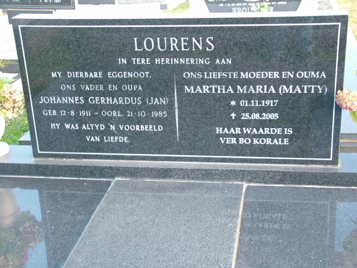 LOURENS Johannes Gerhardus 1911-1985 &amp; Martha Maria 1917-2005