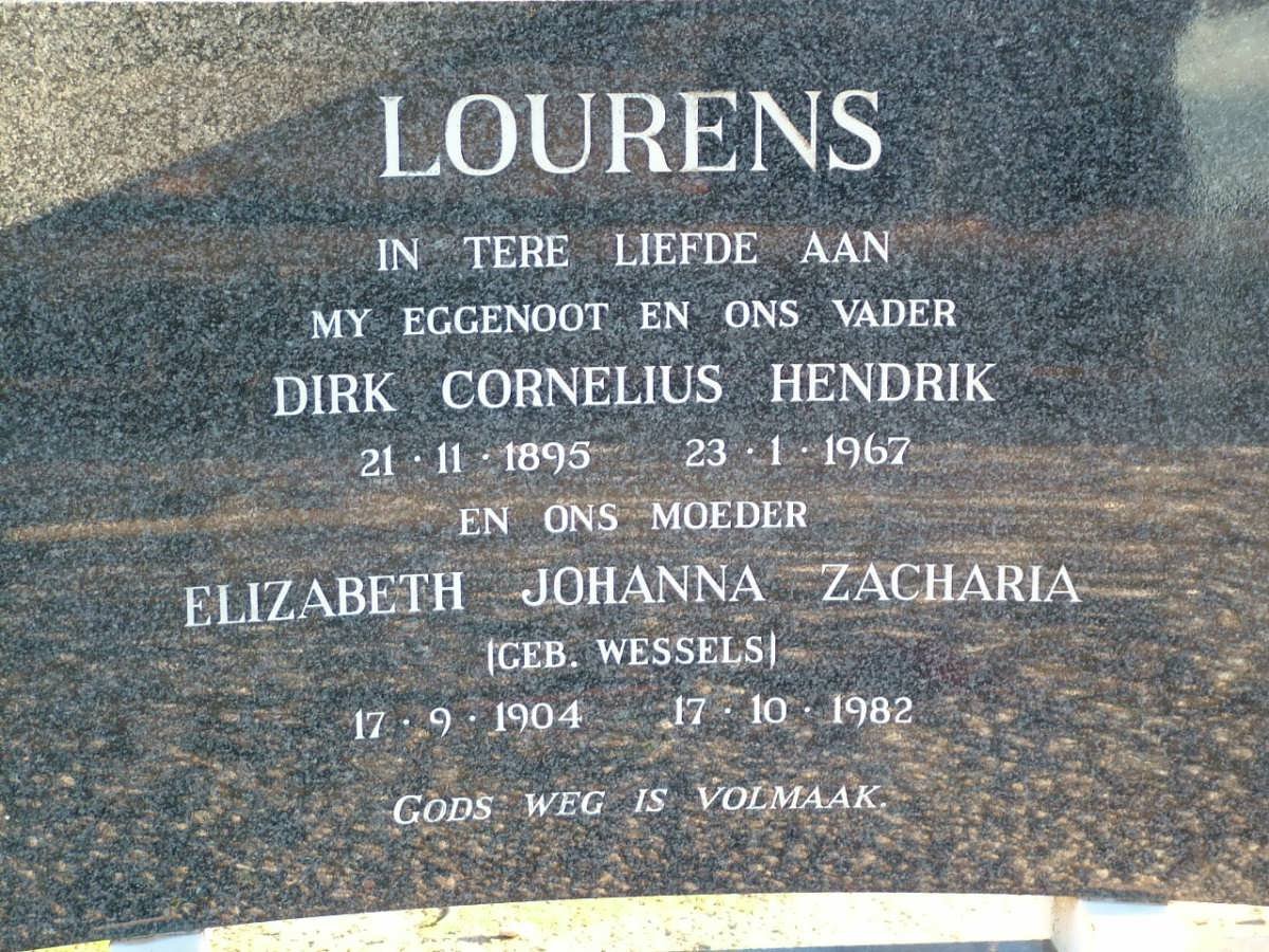 LOURENS Dirk Cornelius Hendrik 1895-1967 &amp; Elizabeth Johanna Zacharia  WESSELS 1904-1982