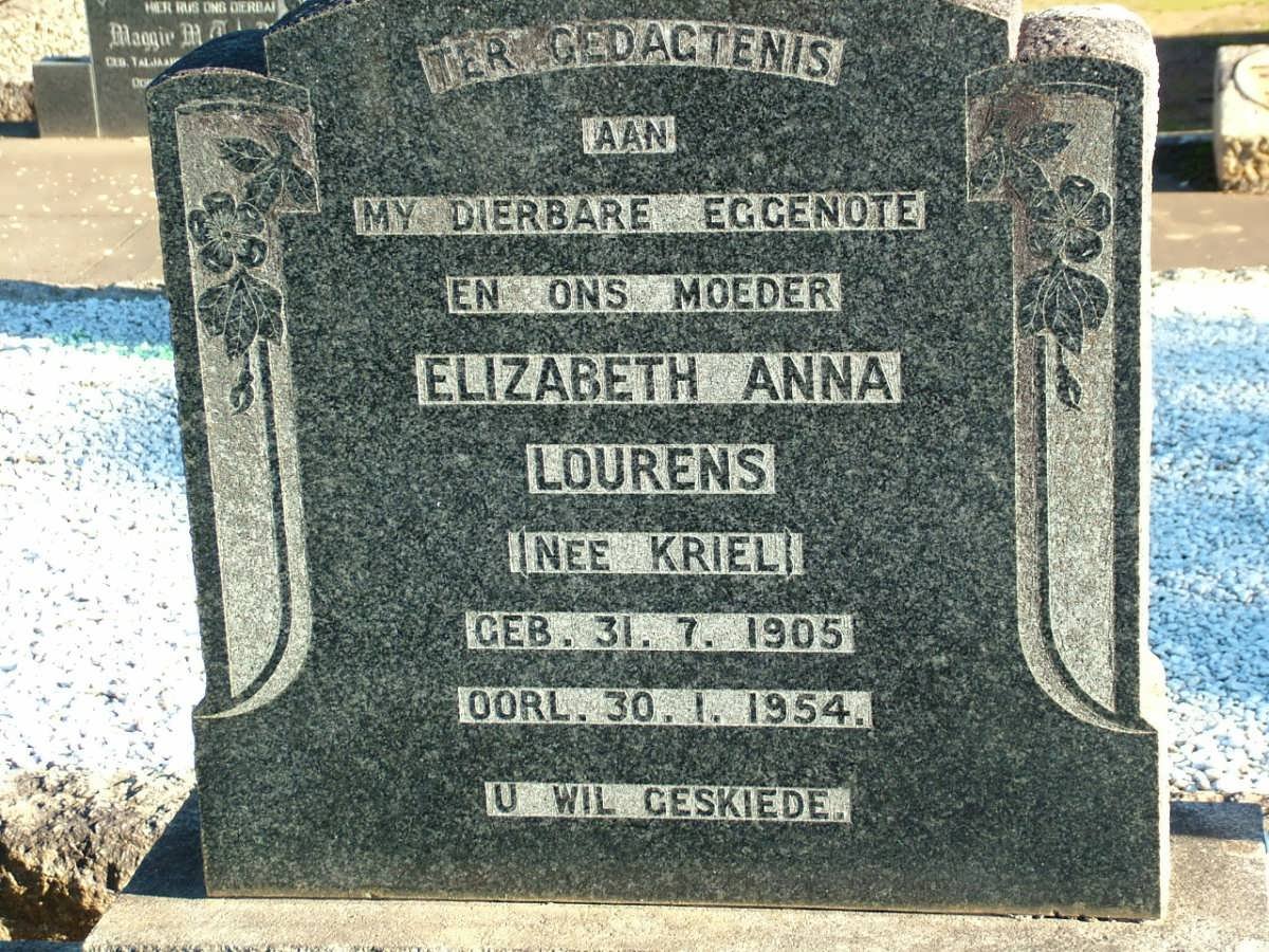 LOURENS Elizabeth Anna nee KRIEL 1905-1954