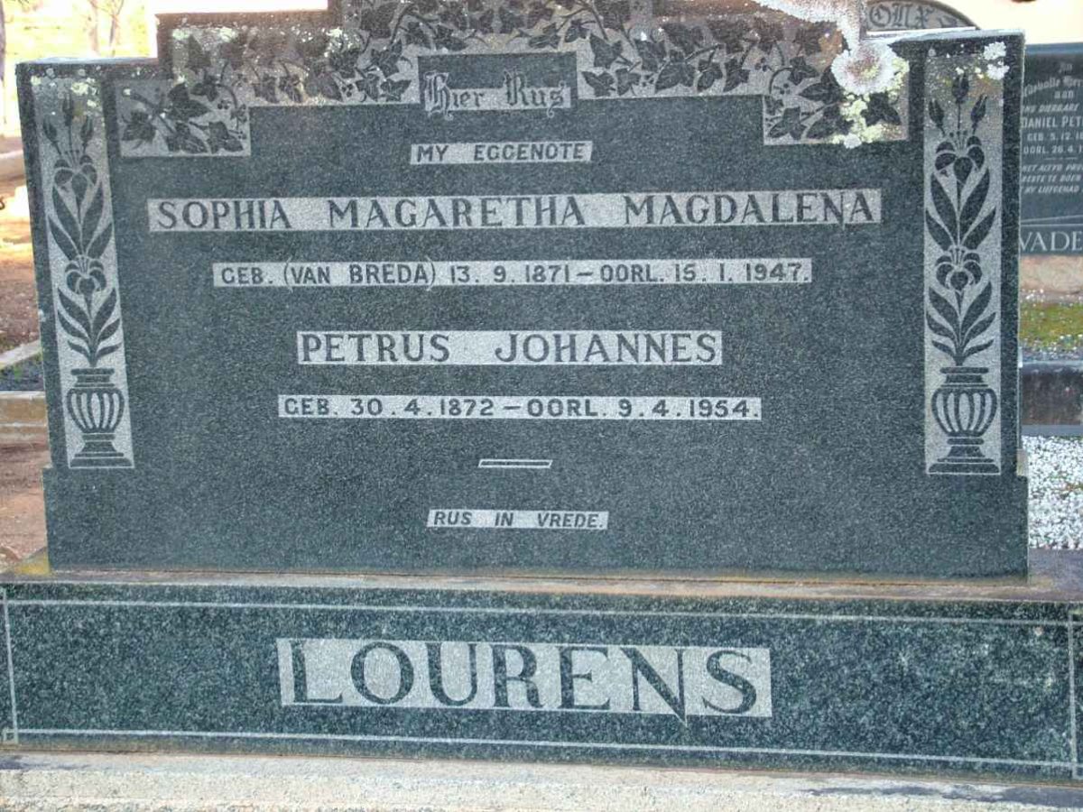 LOURENS Petrus Johannes 1872-1954 &amp; Sophia Magaretha Magdalena VAN BREDA 1871-1947