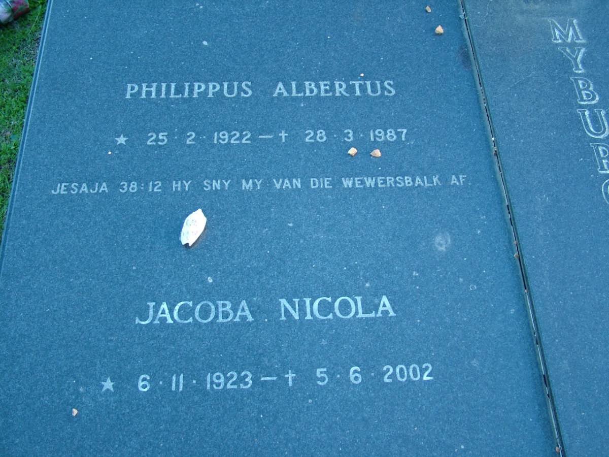 MYBURGH Philippus Albertus 1922-1987 &amp; Jacoba Nicola 1923-2002
