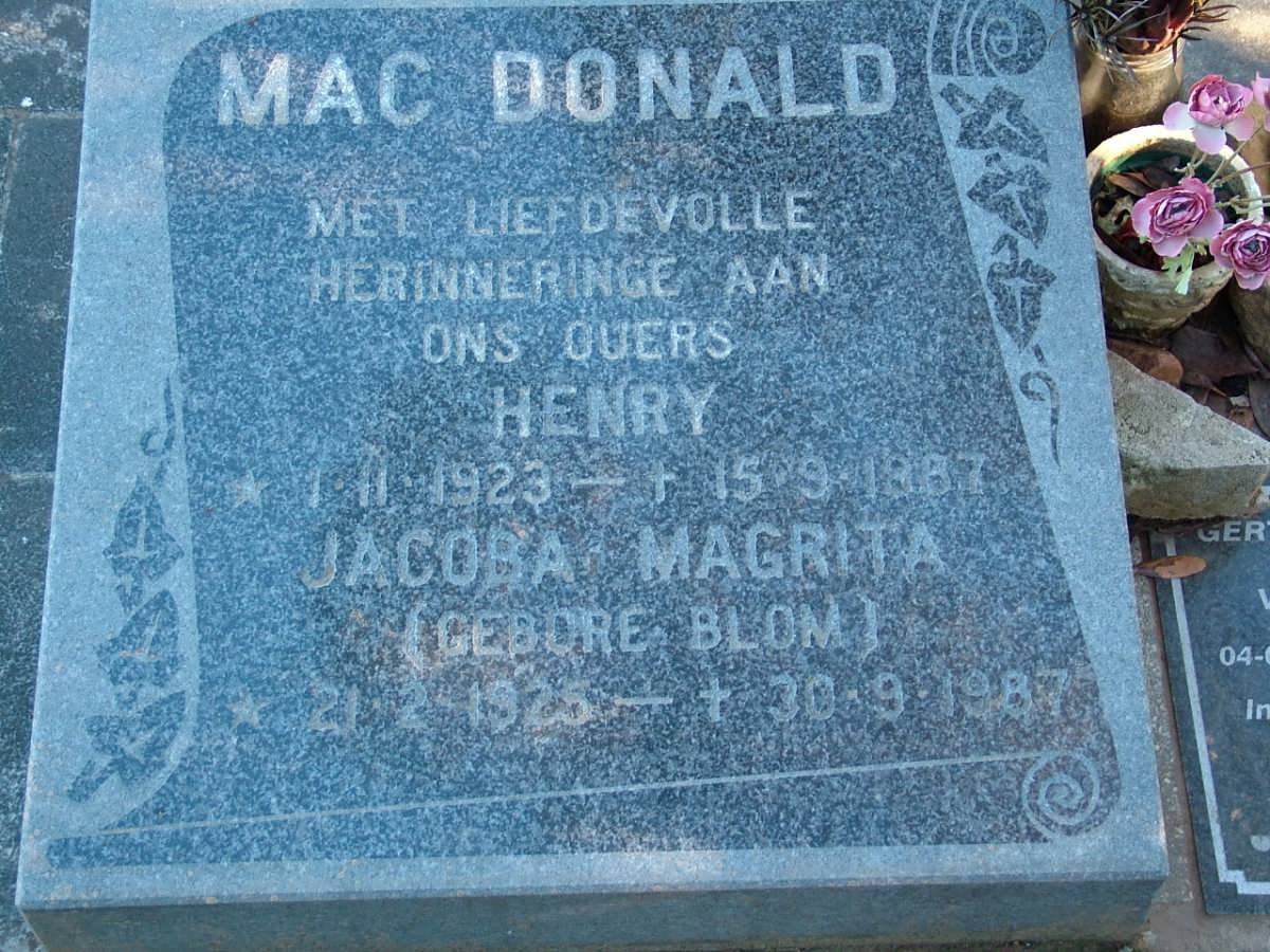 MacDONALD Henry 1923-1987 &amp; Jacoba Magrita BLOM 1925-1987