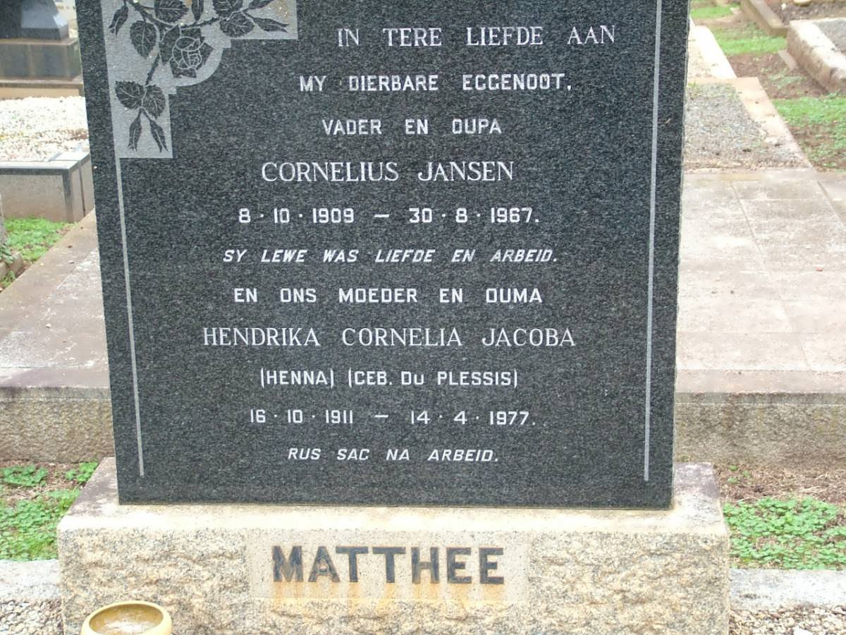 MATTHEE Cornelius Jansen 1909-1967 &amp; Hendrika Cornelia Jacoba DU PLESSIS 1911-1977