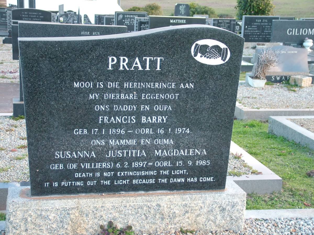 PRATT Francis Barry 1896-1974 &amp; Susanna Justitia Magdalena DE VILLIERS 1897-1985