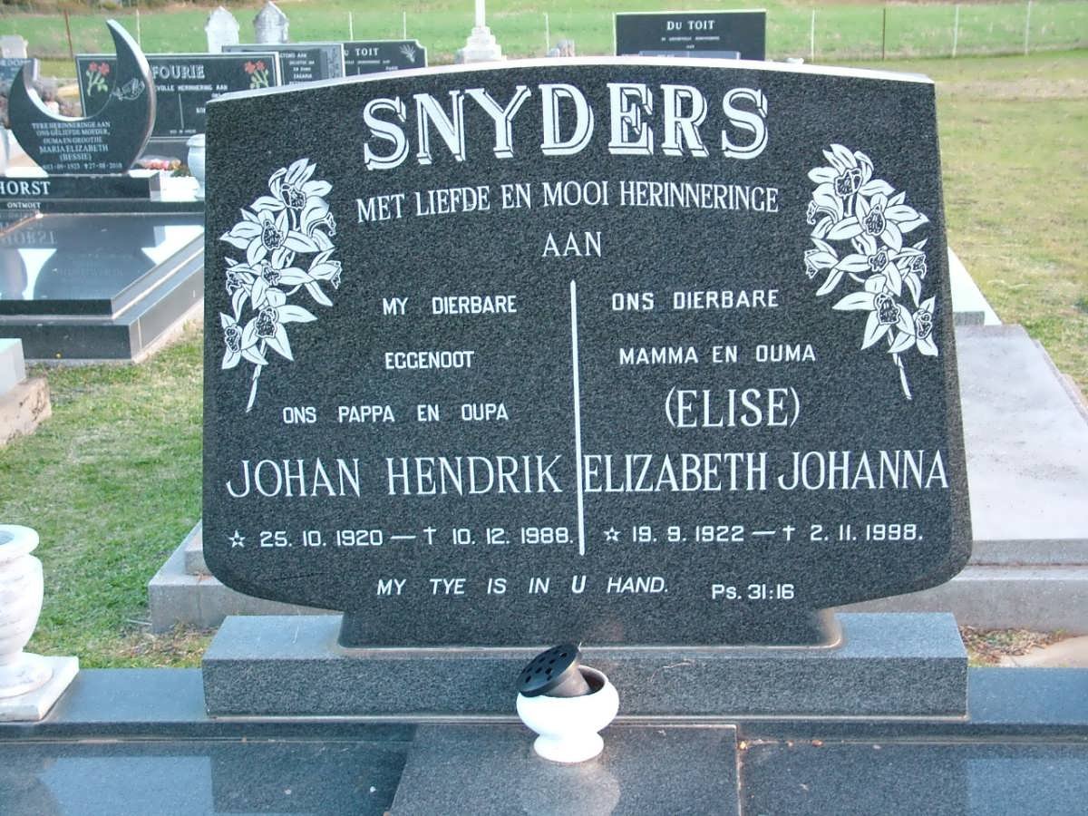 SNYDERS Johan Hendrik 1920-1988 &amp; Elizabeth Johanna 1922-1998