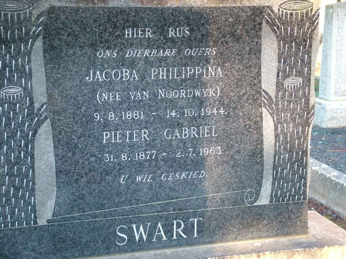 SWART Pieter Gabriel 1877-1963 &amp; Jacoba Philippina VAN NOORDWYK 1881-1944