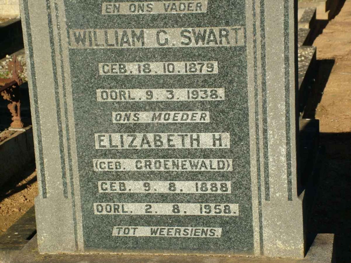 SWART Willem G. 1879-1938 &amp; Elizabeth H. GROENEWALD 1888-1958