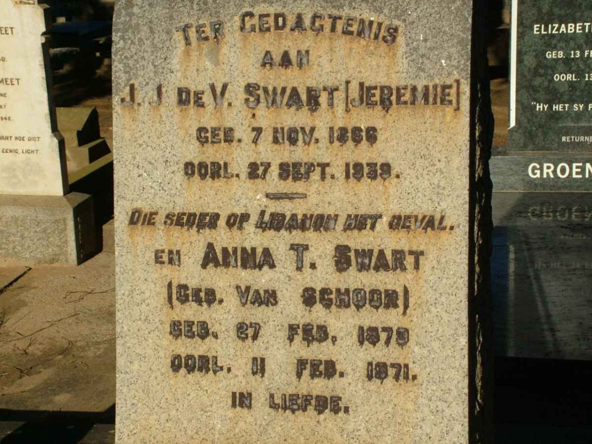 SWART J.J. De V. 1866-1951 &amp; Anna T. VAN SCHOOR 1879-1971