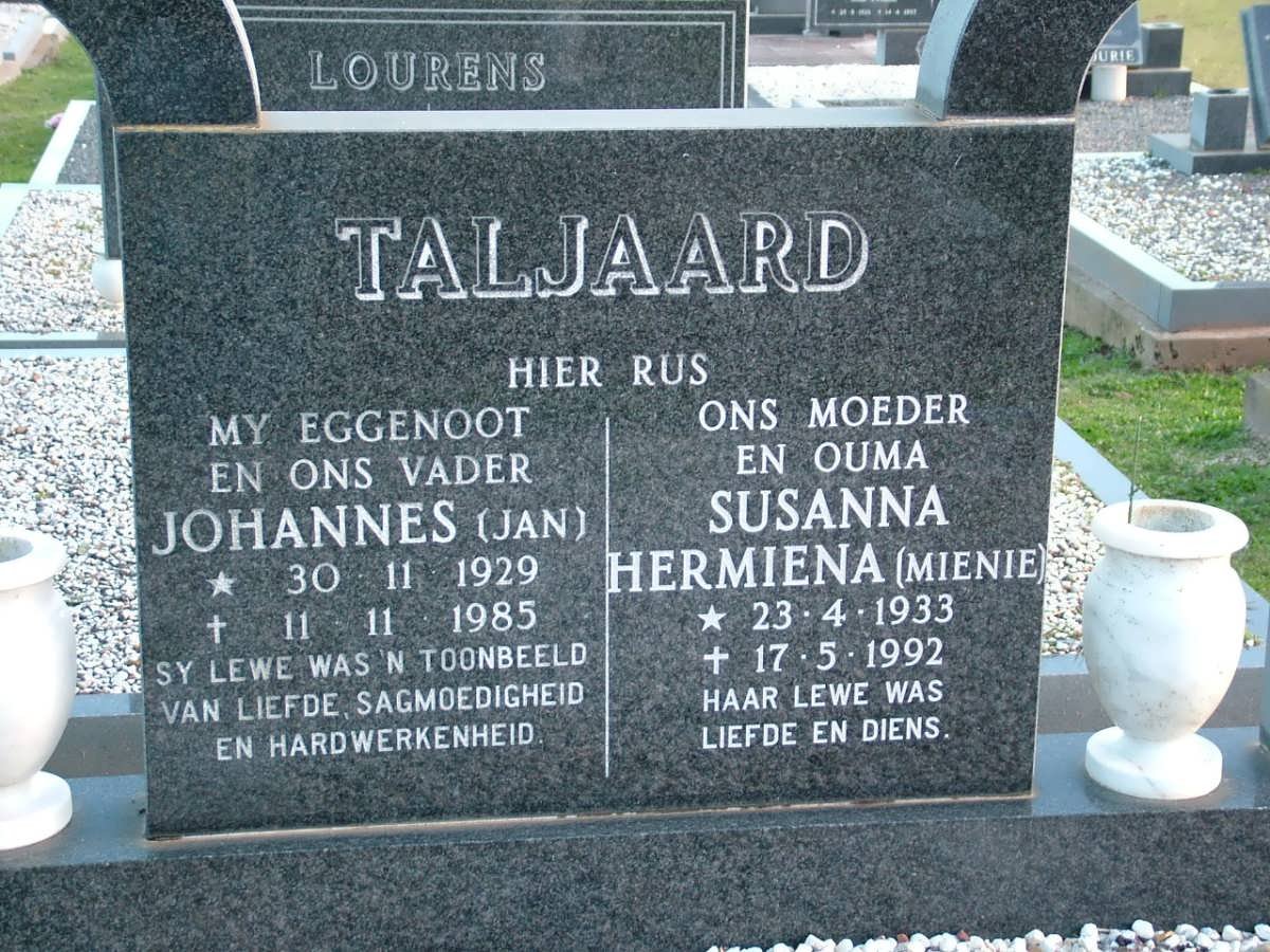 TALJAARD Johannes 1929-1985 &amp; Susanna Hermiena 1933-1992