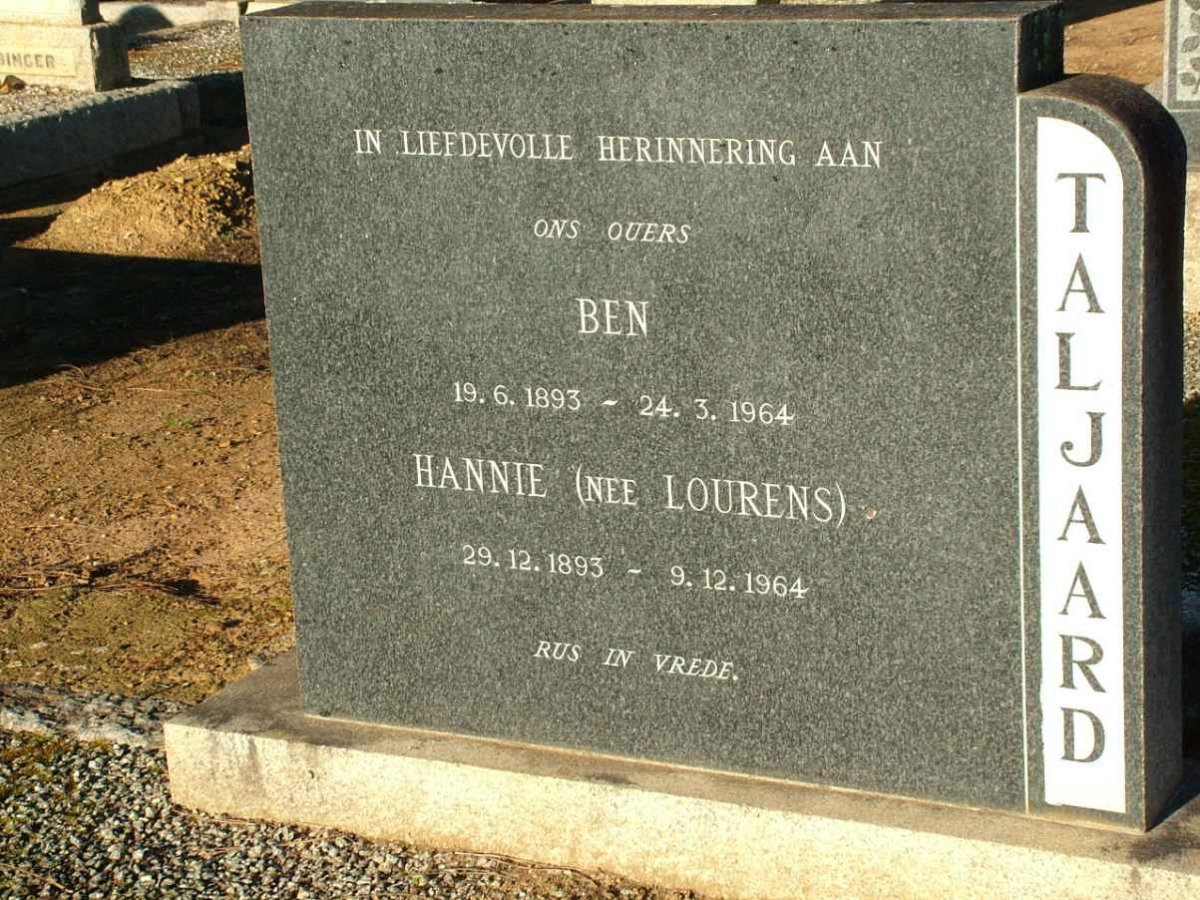 TALJAARD Ben 1893-1964 &amp; Hannie LOURENS 1893-1964