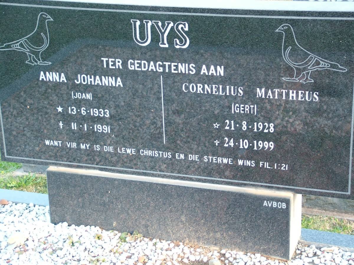 UYS Cornelius Mattheus 1928-1999 &amp; Anna Johanna 1933-1991