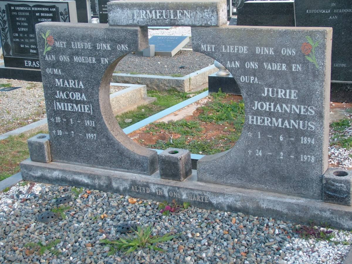 VERMEULEN Jurie Johannes Hermanus 1894-1978 &amp; Maria Jacoba 1931-1997
